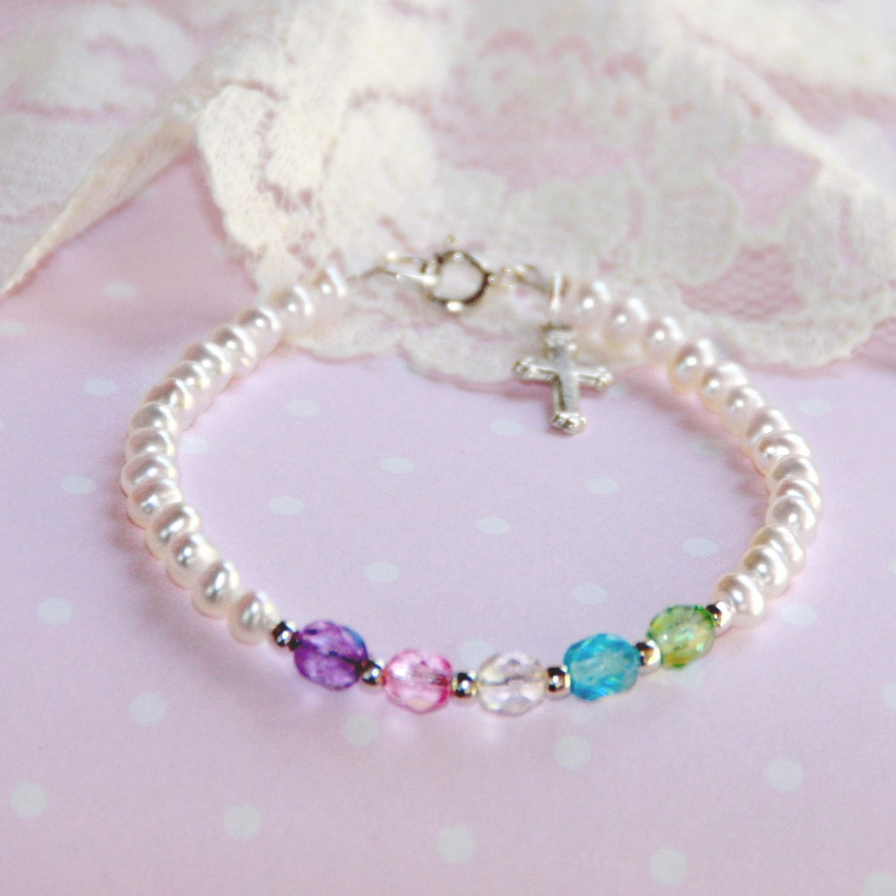 STG-164  Freshwater Pearls Multi Crystal Top Selling 5" Bracelet with Sterling Silver Cross