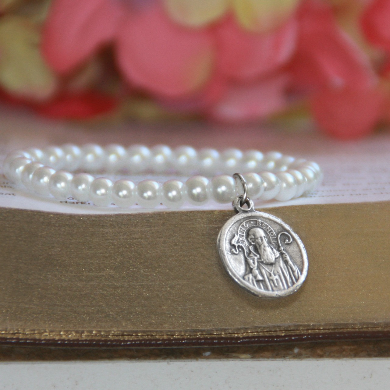 RH-62-5  Glass Pearls Stretchy 5" bracelet with Vintage St. Benedict Medal in Rhodium for Baby