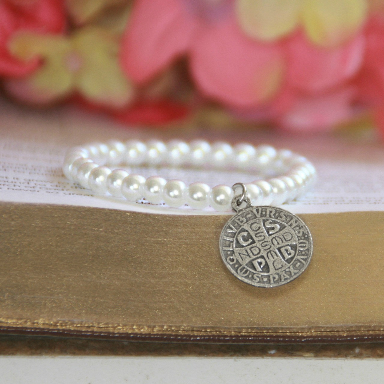 RH-62-5  Glass Pearls Stretchy 5" bracelet with Vintage St. Benedict Medal in Rhodium for Baby