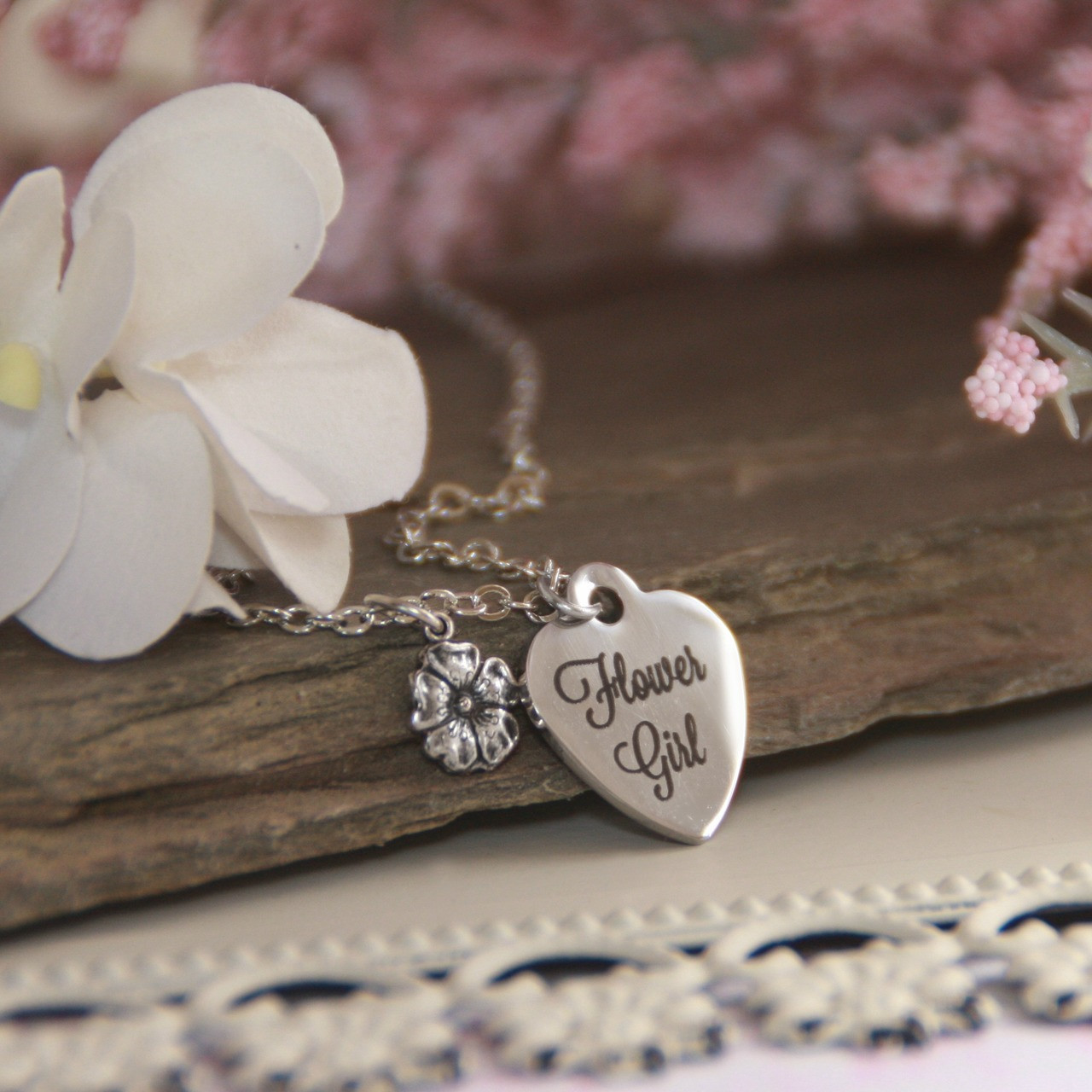 CJ-553  Flower Girl Stainless Steel Heart Necklace and can be Engraved on Backside too!
