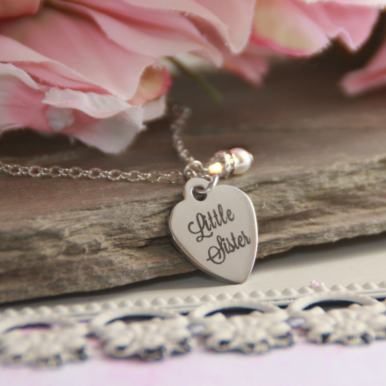 CJ-560  Little Sister Stainless Steel Heart Necklace and can be Engraved on backside too!