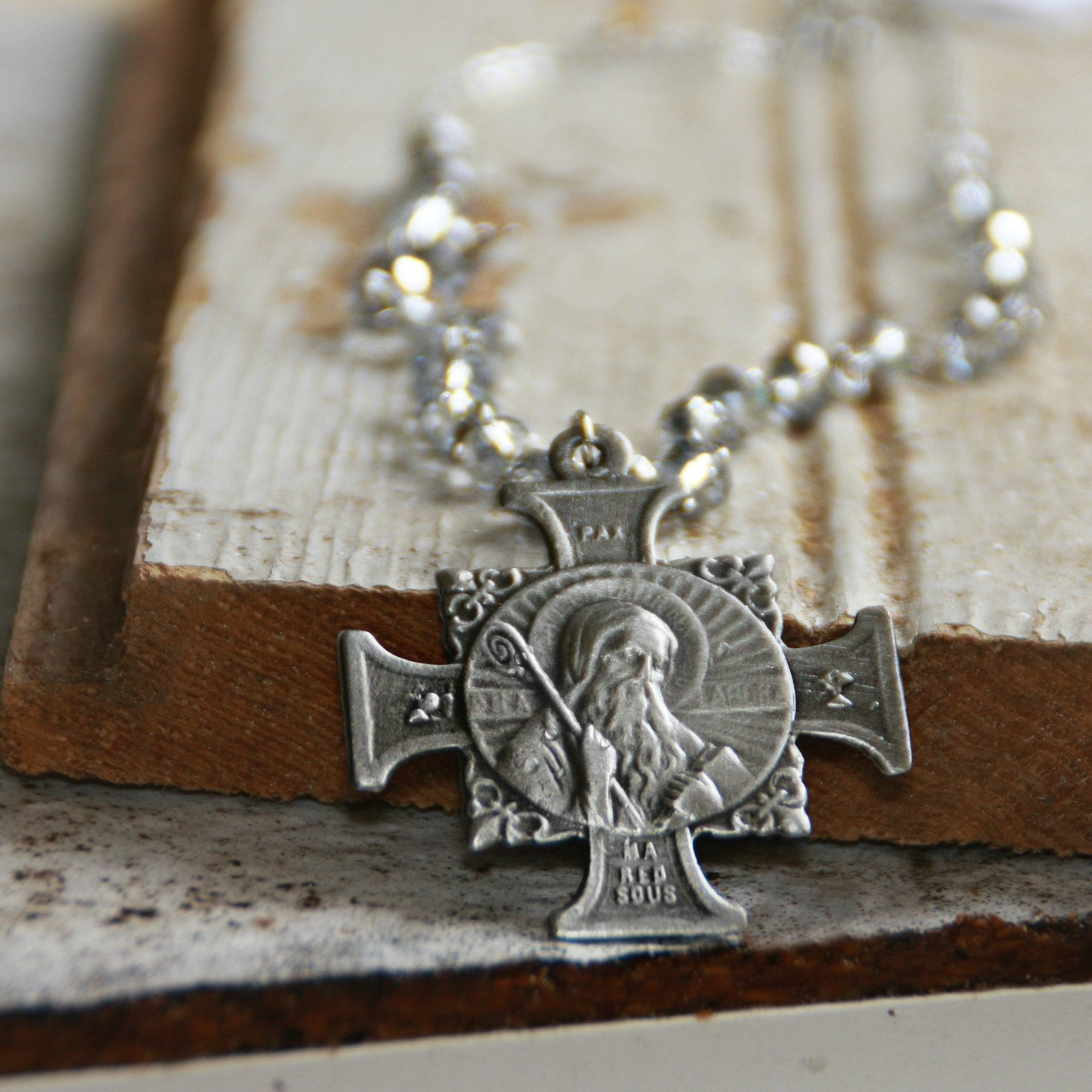 IS-394  Stunning faceted crystal beaded necklace with St. Benedict Pendant