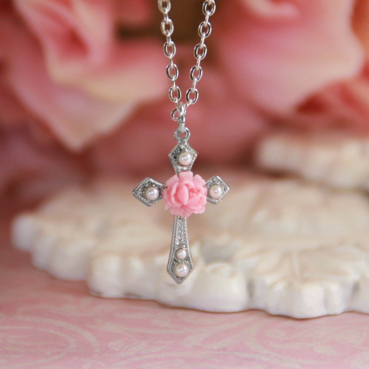 CJ-173  Our top selling Sweet Rose Cross Necklace