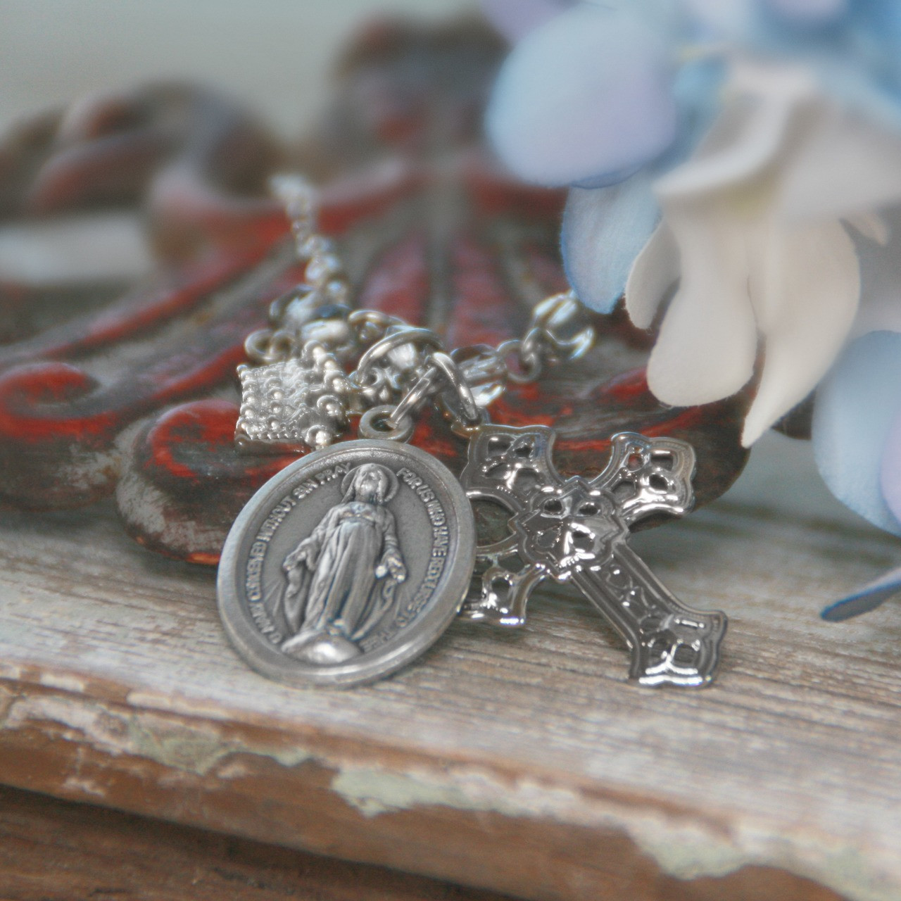 IN-583 Mary Charm Necklace with Filagree Cross and Crown