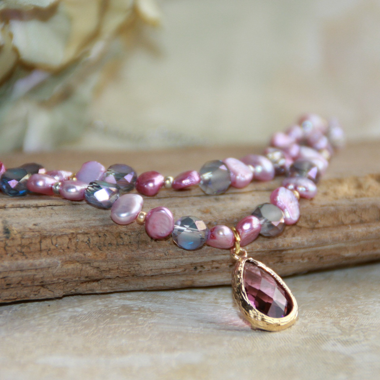 IS-796  Amethyst color Crystal drop with Freshwater Pearls