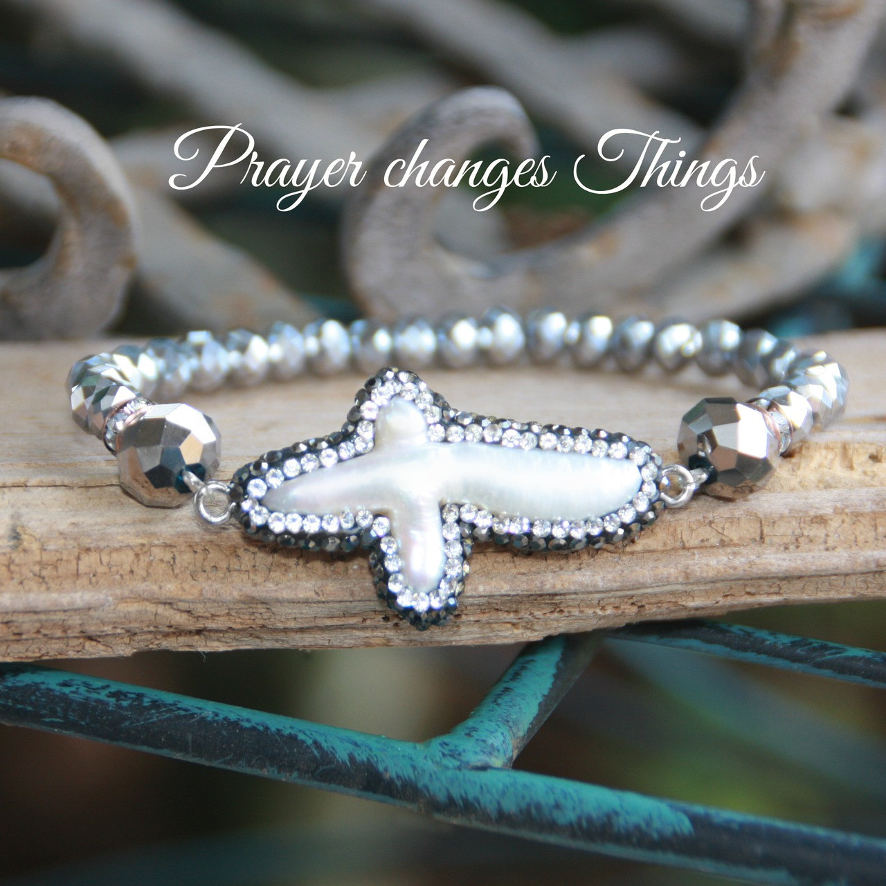 IN-716  Big and showy Freshwater Pearl Cross encrusted with Crystals Bracelet just Stunning!