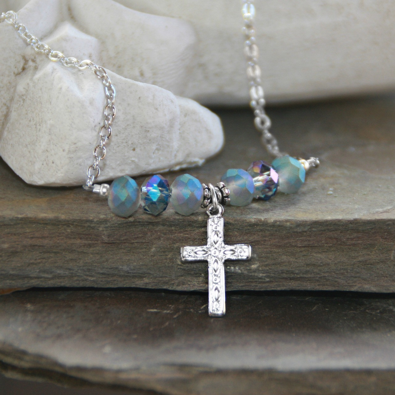 IN-592  Heavenly Blue Crystals Cross Necklace