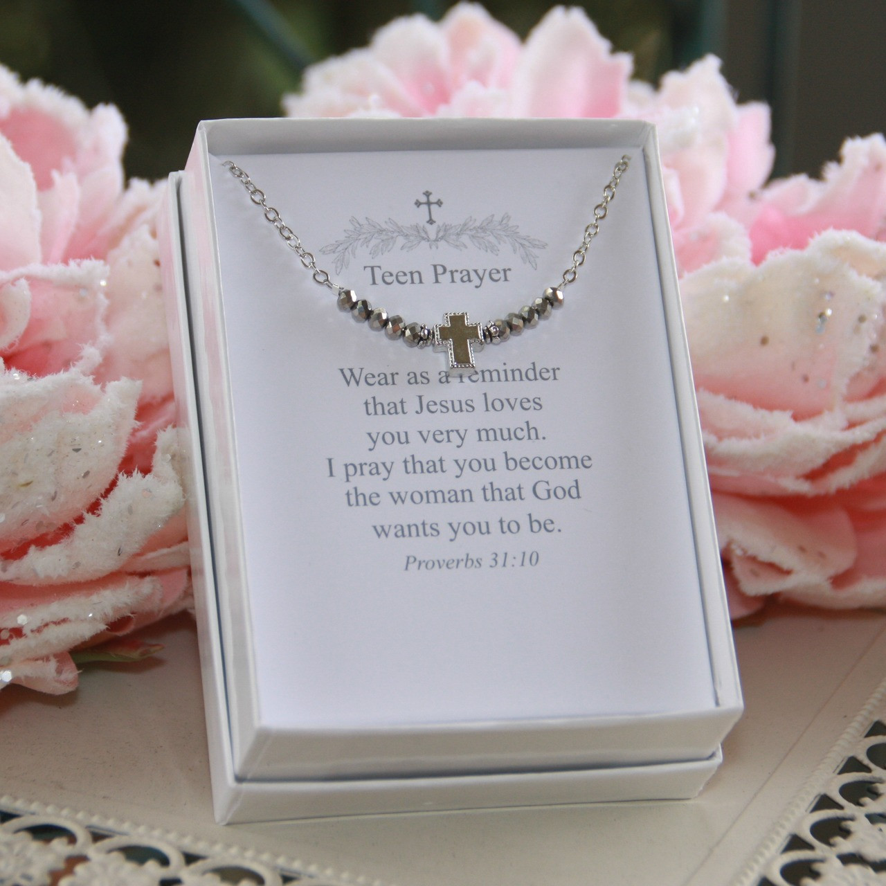 TN-11 Teen Prayer Necklace Silver Crystals