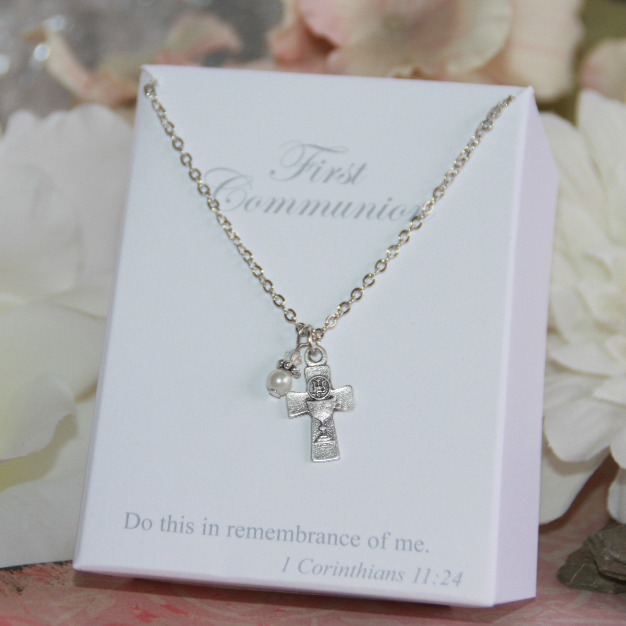 CJ-175  First Communion Medal with Pearl and Crystal Necklace