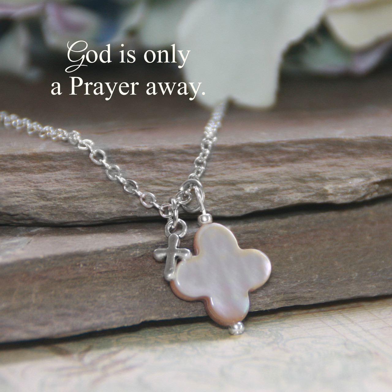 IN-606  Mother of Pearl Cross Necklace God is only a Prayer away