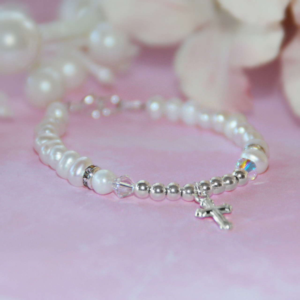 STG-272-5  Freshwater Pearls and Sterling Cross Bracelet 5"
