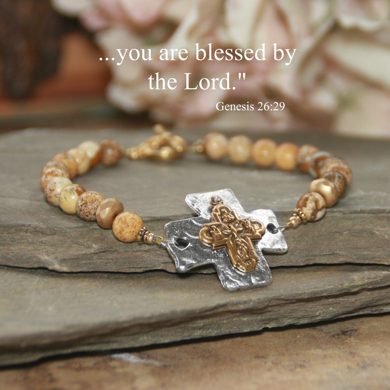 IN-737  Catholic 4 way Medal Natural Jasper Bracelet
