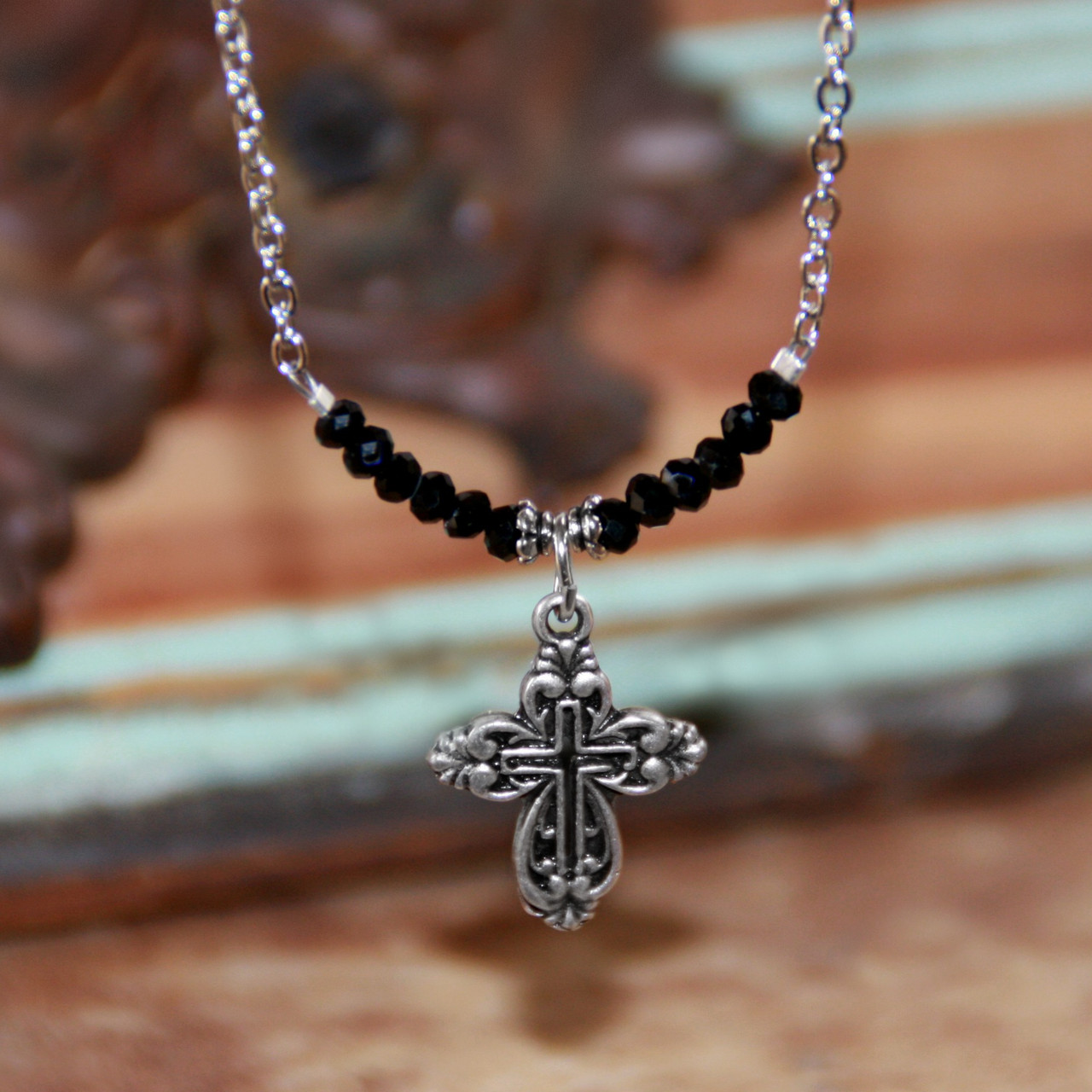 IN-589  Jet Crystal and Classic Cross Necklace