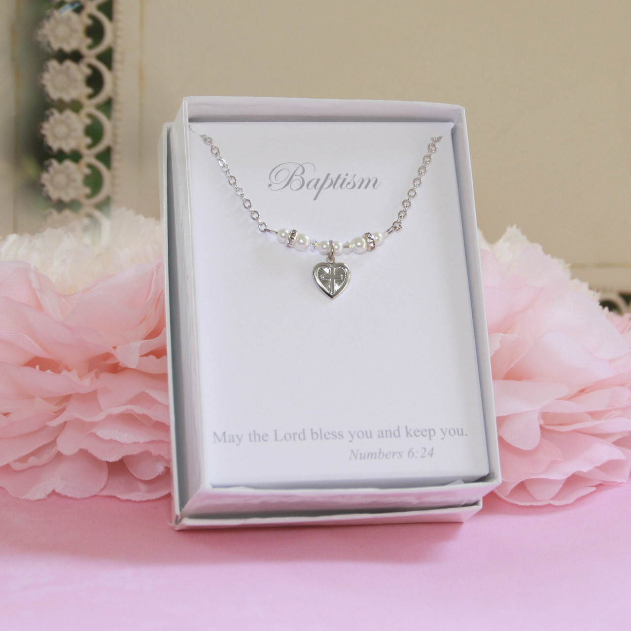 CJ-569  Baptism Cross in Heart Necklace