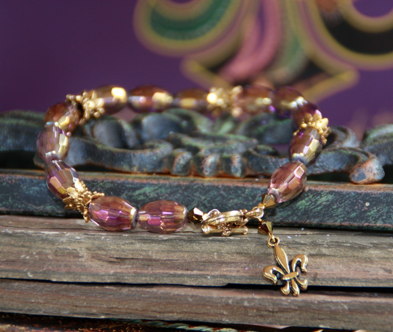 BR-57 Mardi Gras color Fleur de Lis Bracelet