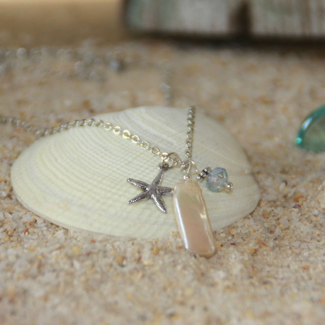 OC-4  Freshwater Pearl Starfish Silver Finish Necklace