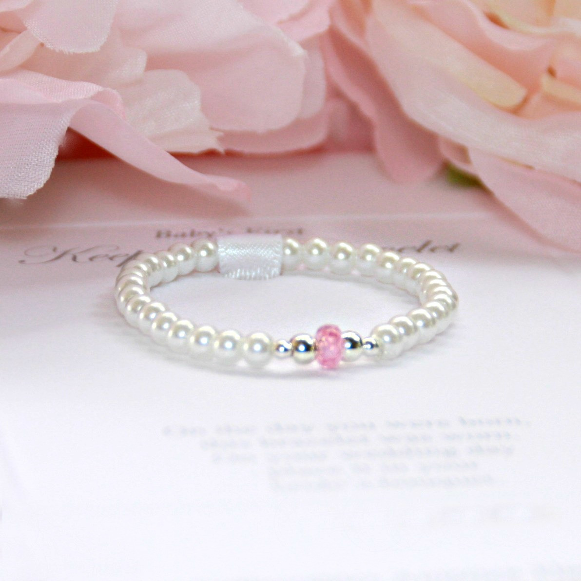 STG-168  Sterling Silver Glass Pearls Focal Pink Bracelet