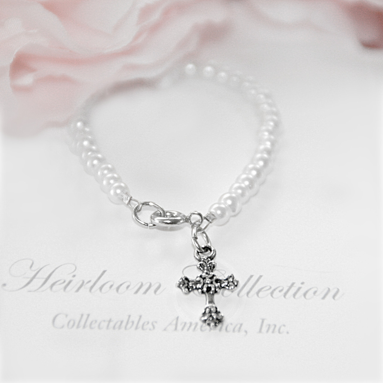 CJ-122  Infant Dainty Cross Fine Glass Pearls Bracelet