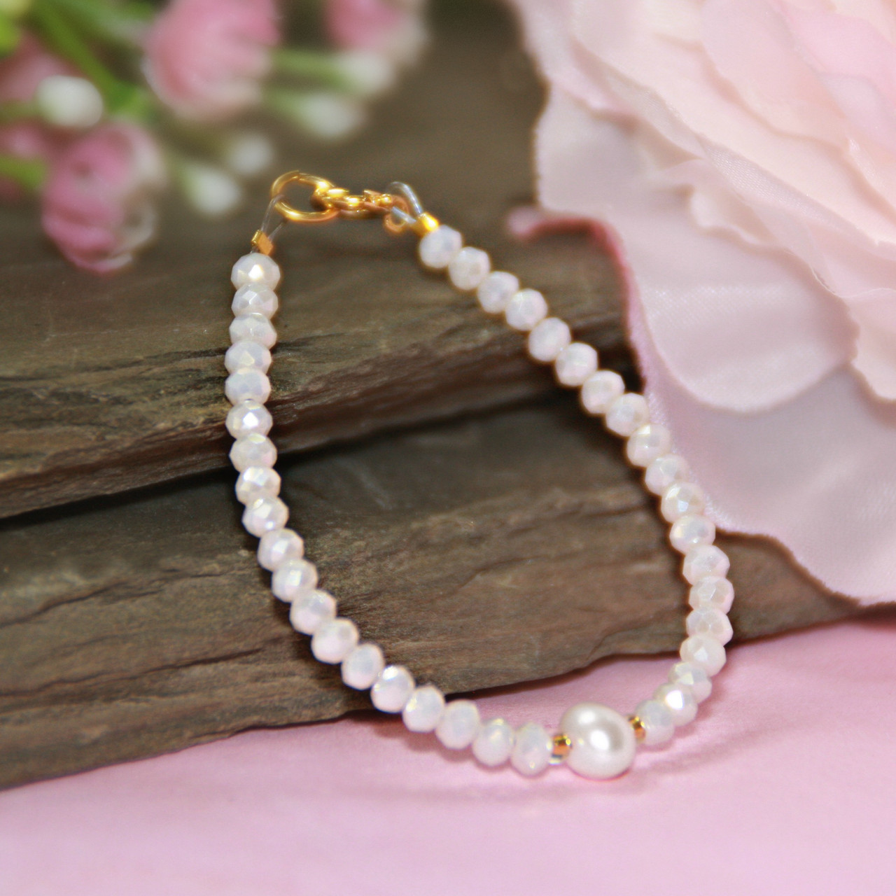 CJ-146-5 Opaque Pink and Pearl Infant Bracelet 5"