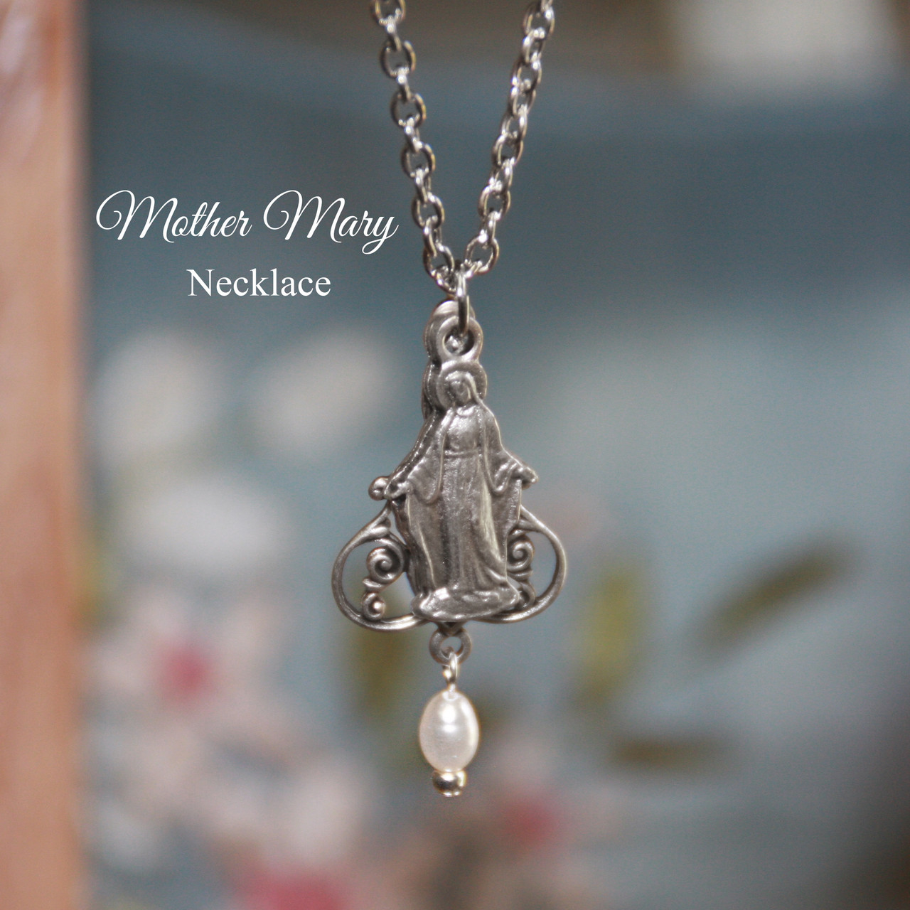 IN-684  Mary Medal with Filagree Background Necklace