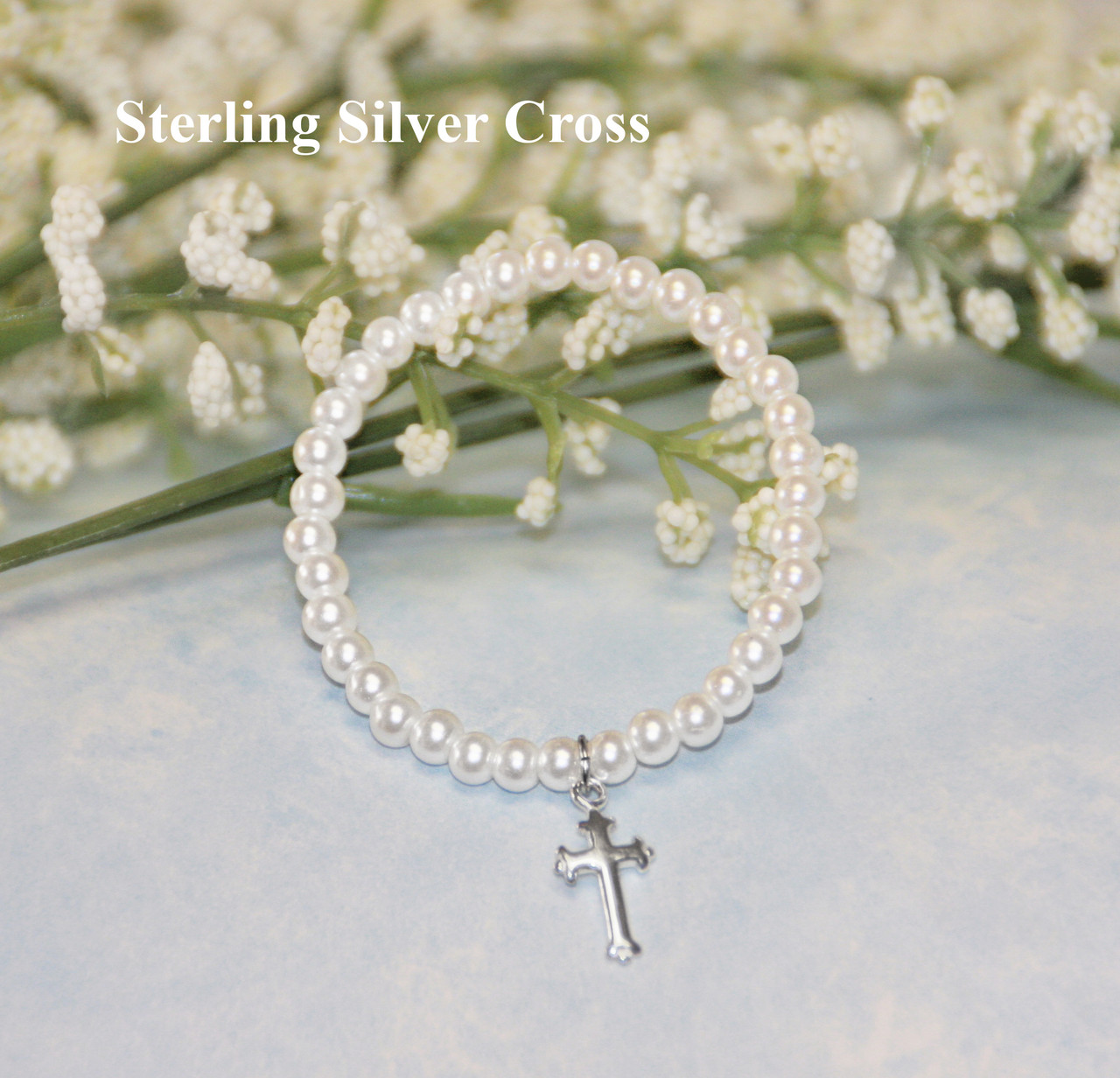 STG-280  5" Glass Pearl with Sterling Silver Cross Bracelet