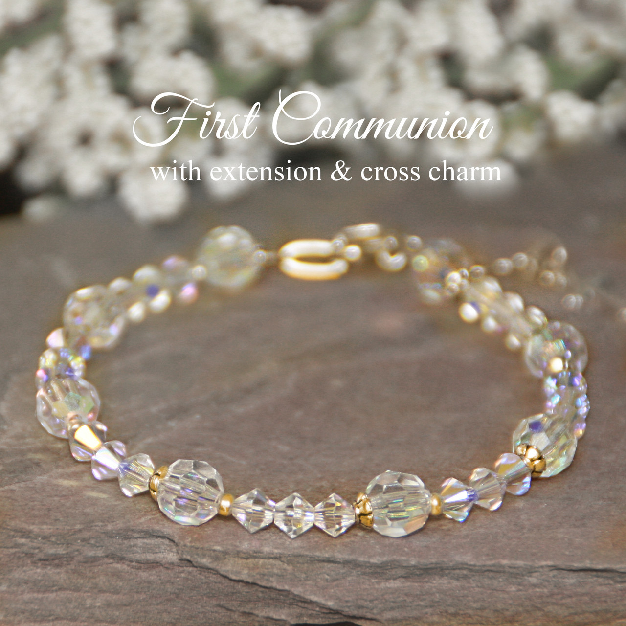 CJ-606  First Communion Beautiful Crystal AB Bracelet (gold accents)