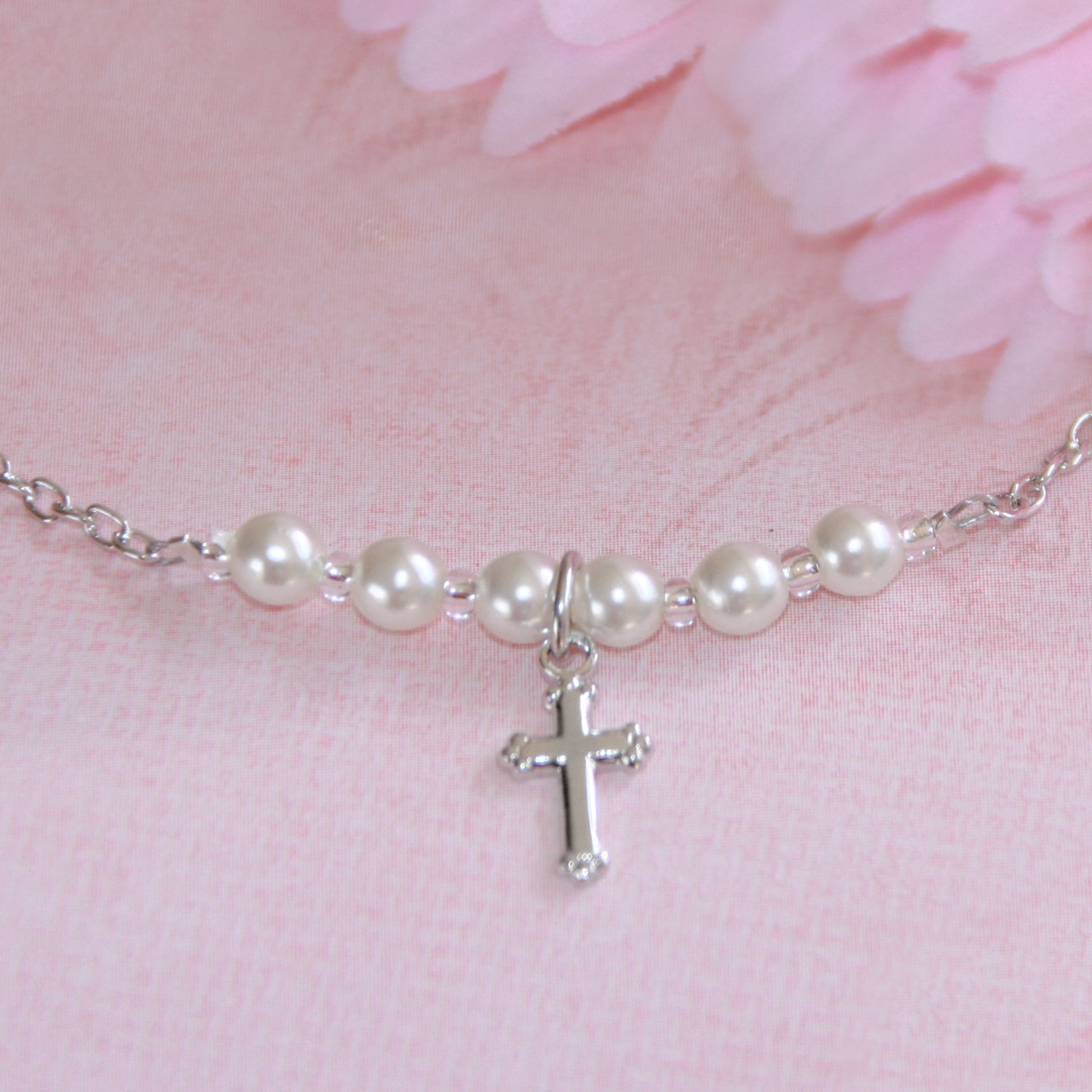 CJ-367  Rhodium Cross and Glass Pearls Necklace CJ-367