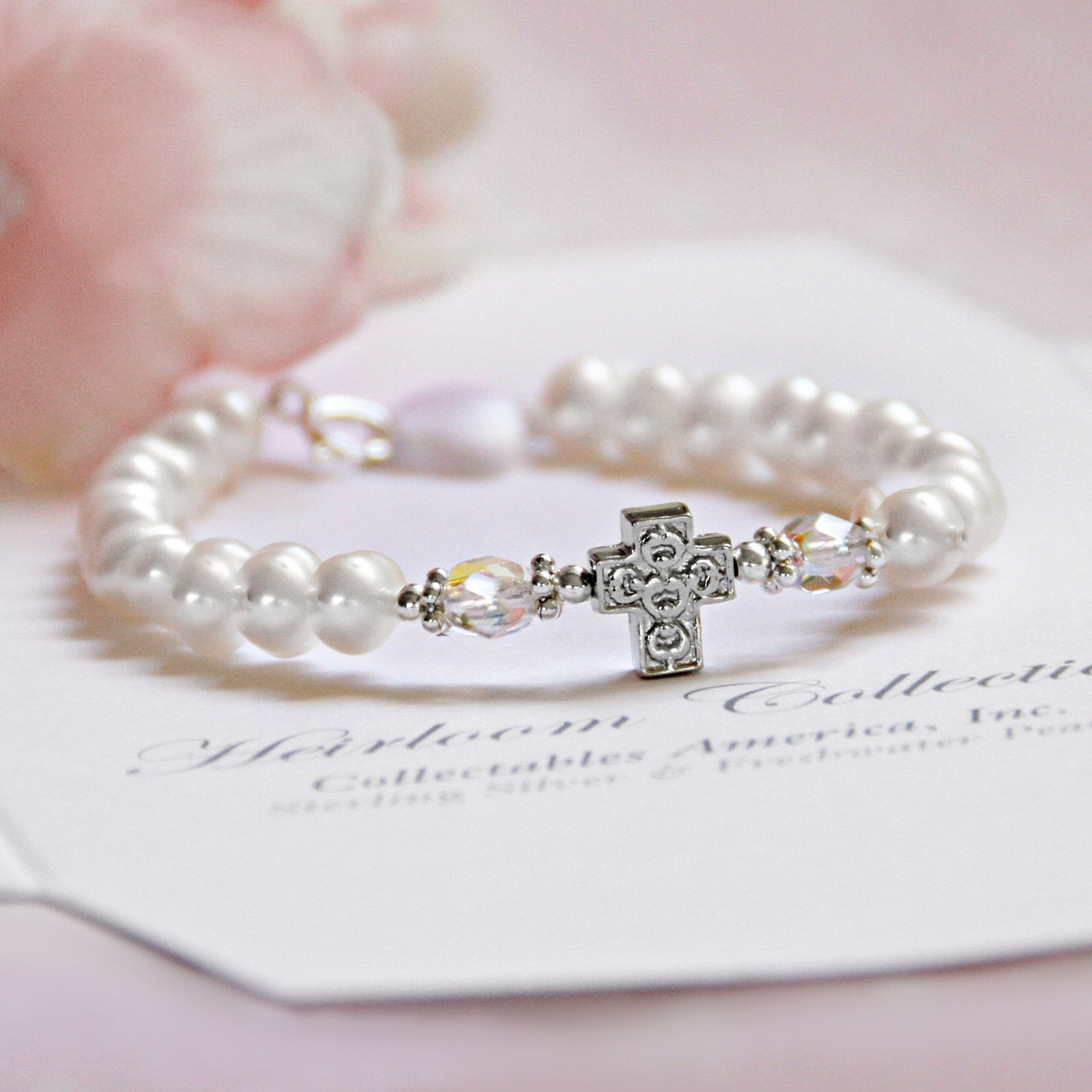 STG-151-5  FW Pearl Sterling Rhodium Cross 5" Bracelet