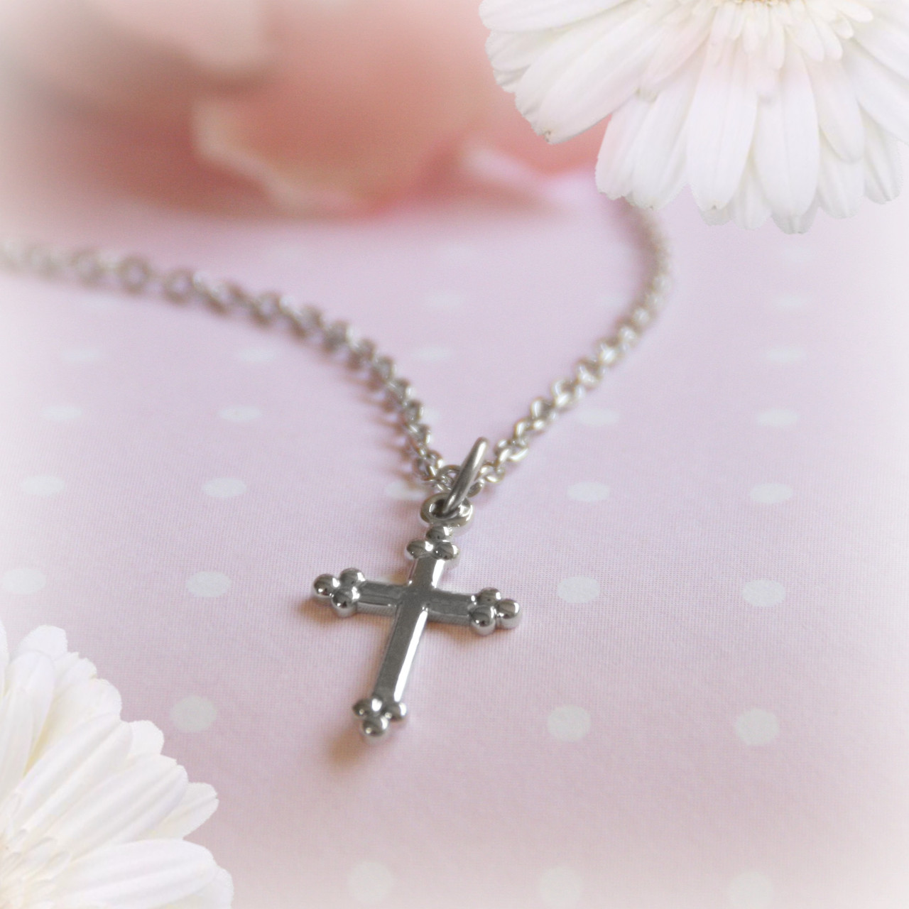 RH-11  Rhodium Classic Cross Larger Necklace for Toddler to Teen