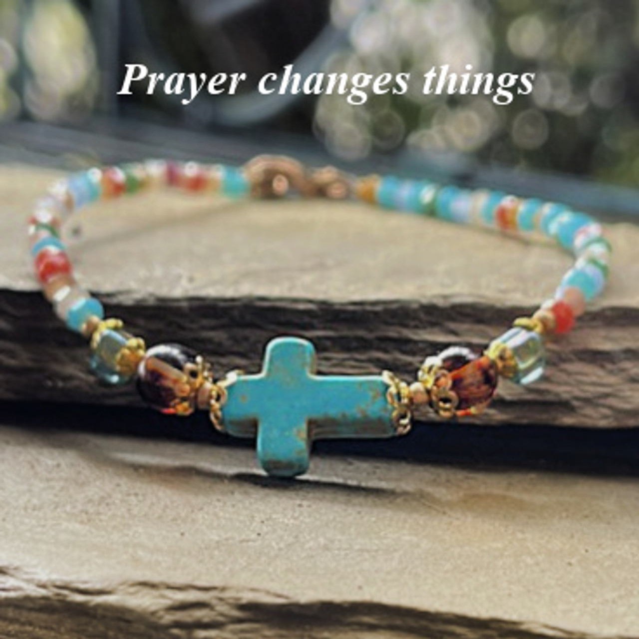 IN-721  Timeless Turquoise Cross Beaded Bracelet Great Colors!