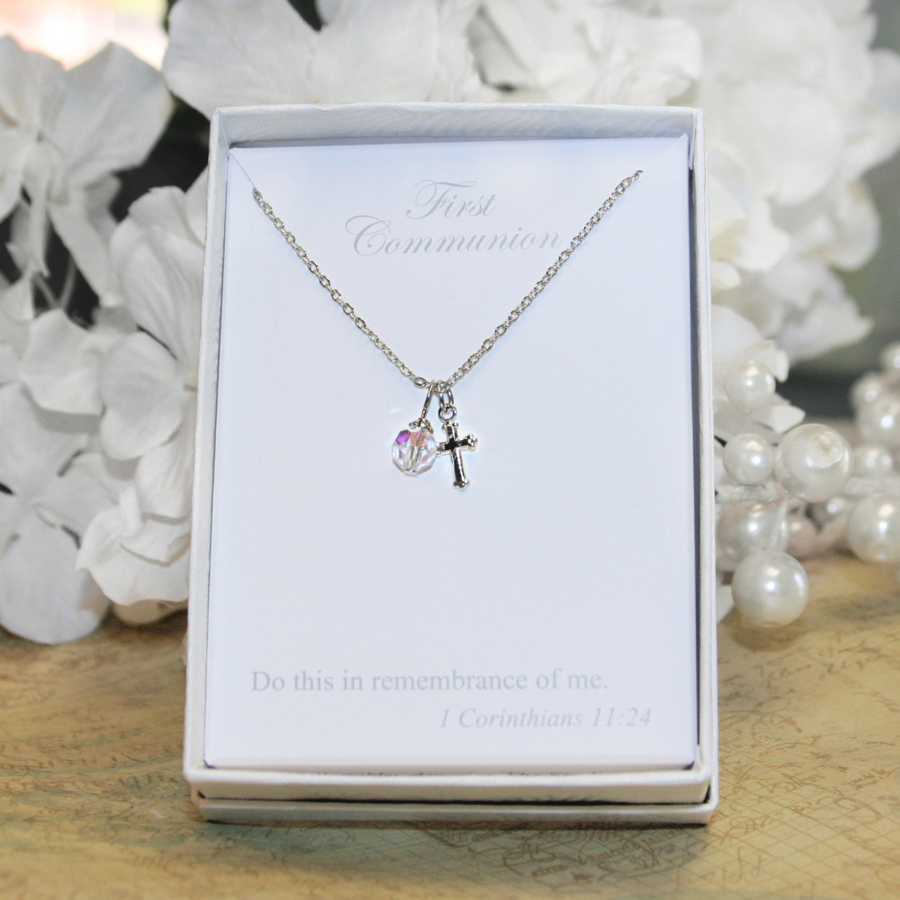 CJ-610 First Communion Rhodium Cross Crystal AB Necklace