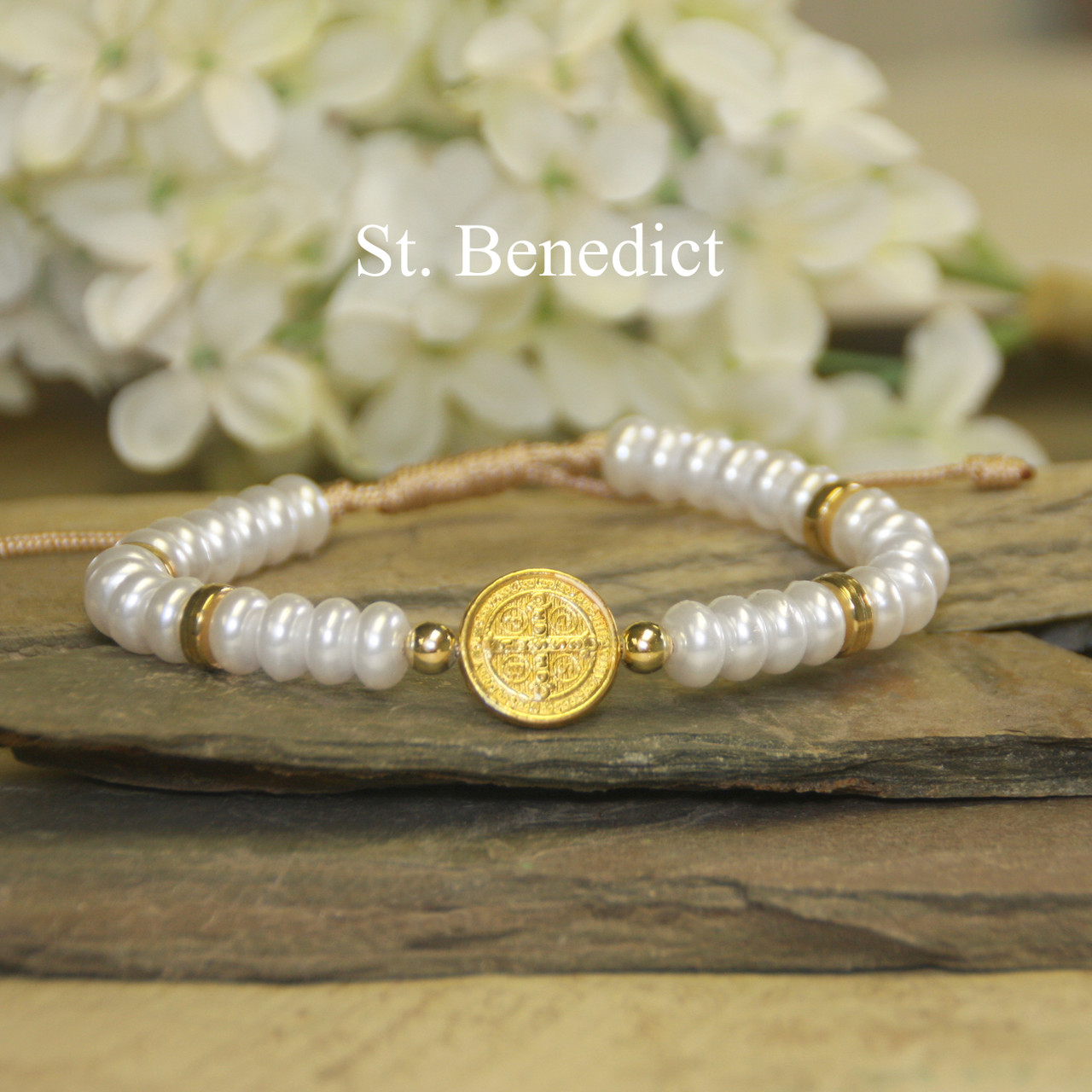 IN-781  St. Benedict Pearl Corded Adjustable Bracelet