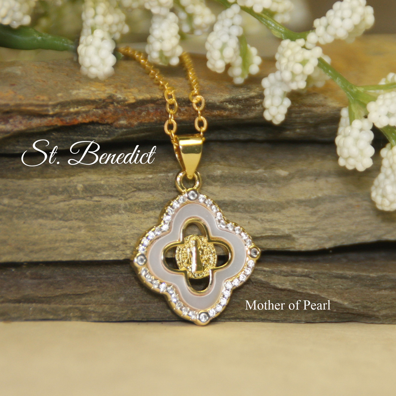 IN-584  St. Benedict Mother of Pearl Cubic Zirconia Necklace