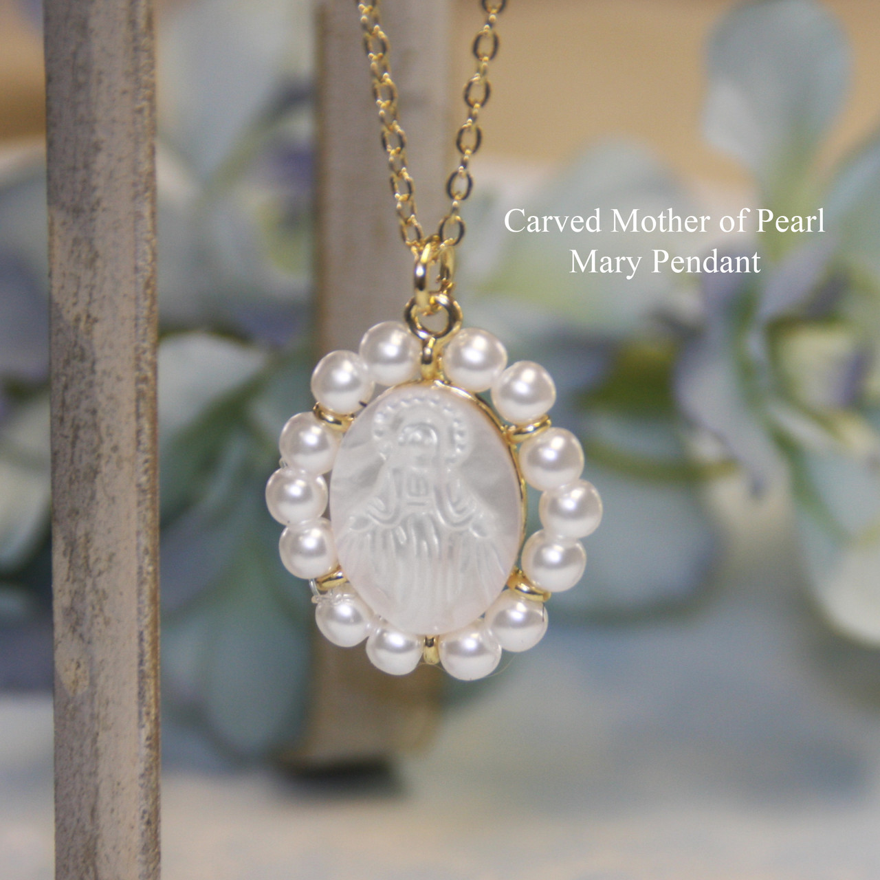 IN-524  Mother of Pearl Carved Mary Necklace