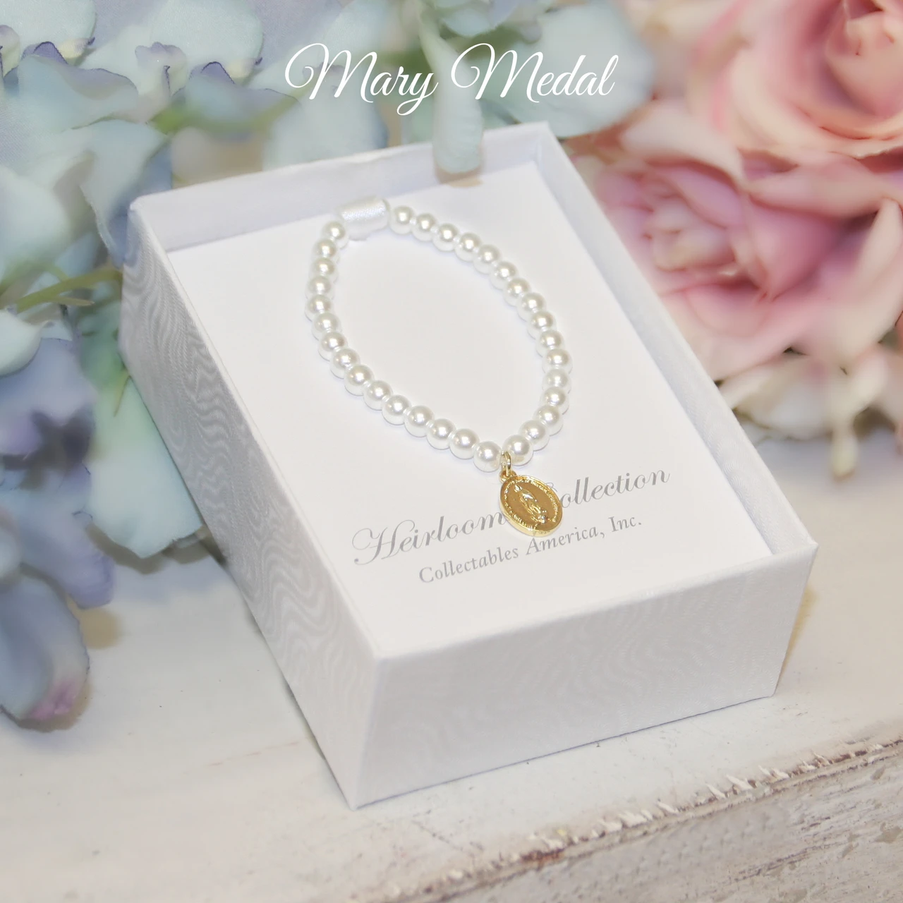 CJ-107B  Mary Medal Golden on 5" Pearl Bracelet