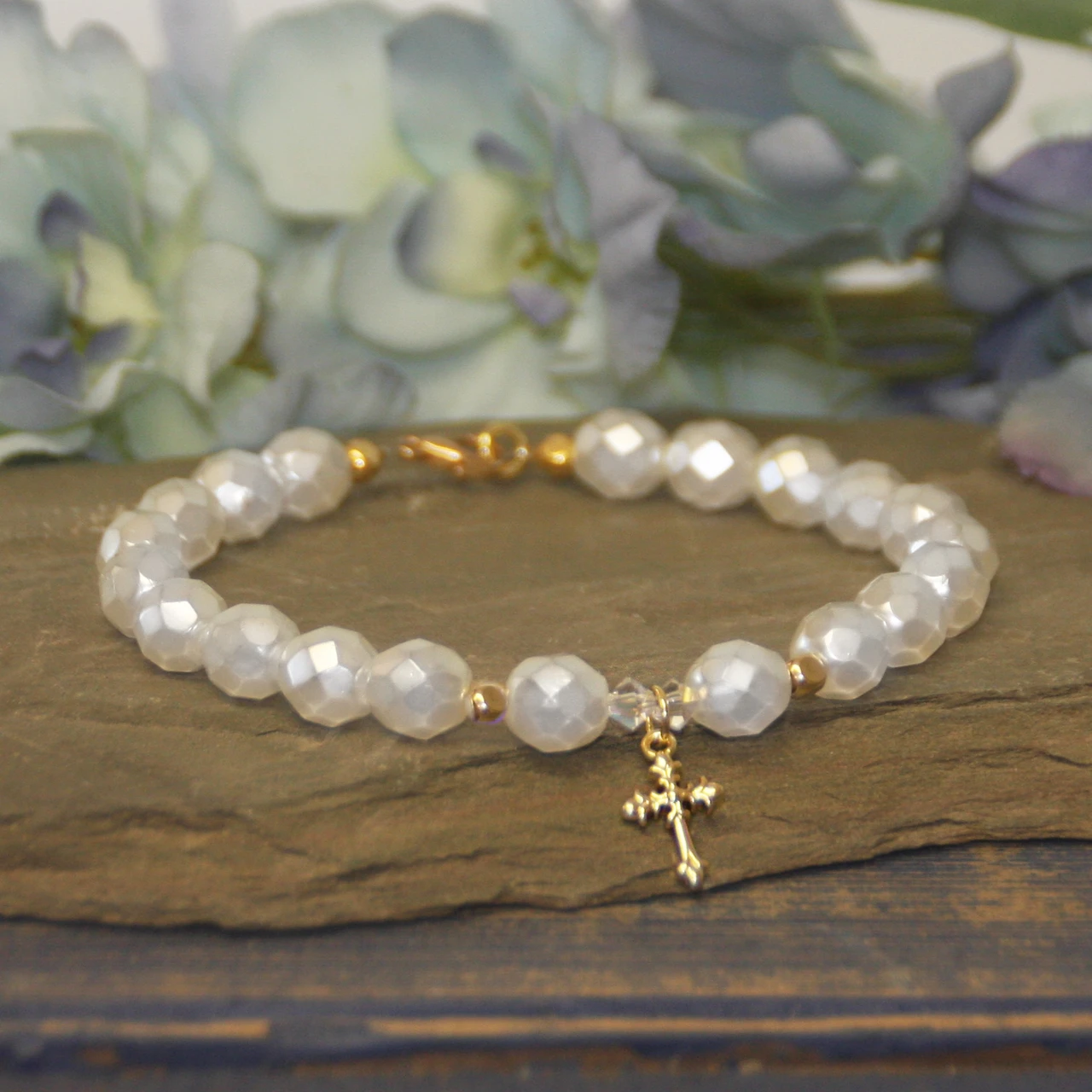 IN-784  Faceted Pearl and Cross Mark 9:23 Bracelet