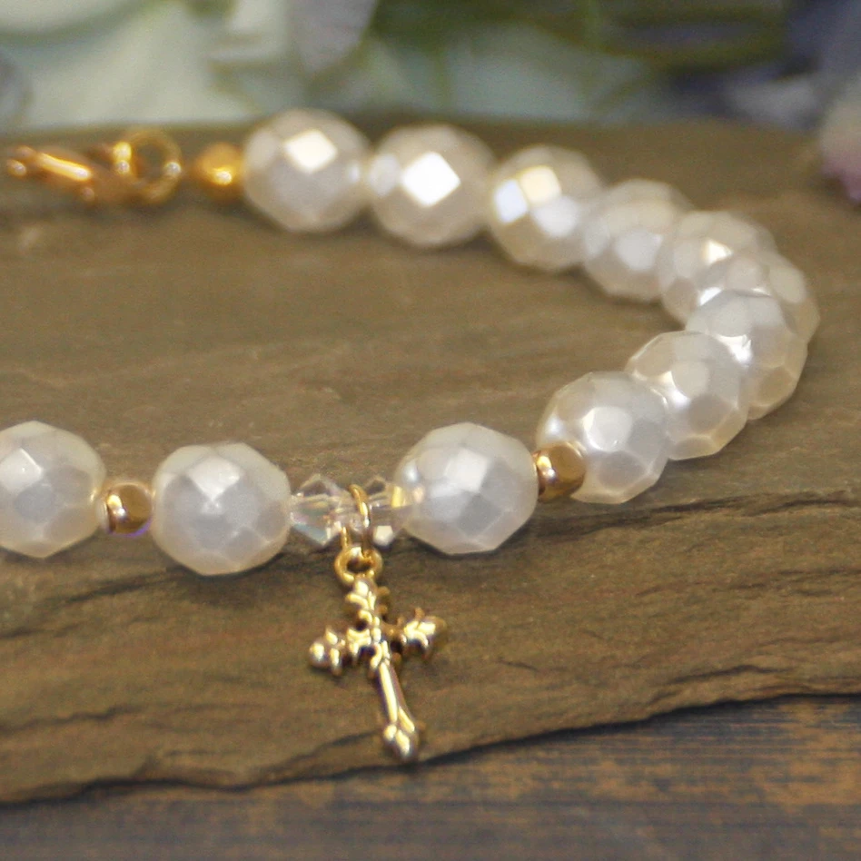 IN-784  Faceted Pearl and Cross Mark 9:23 Bracelet