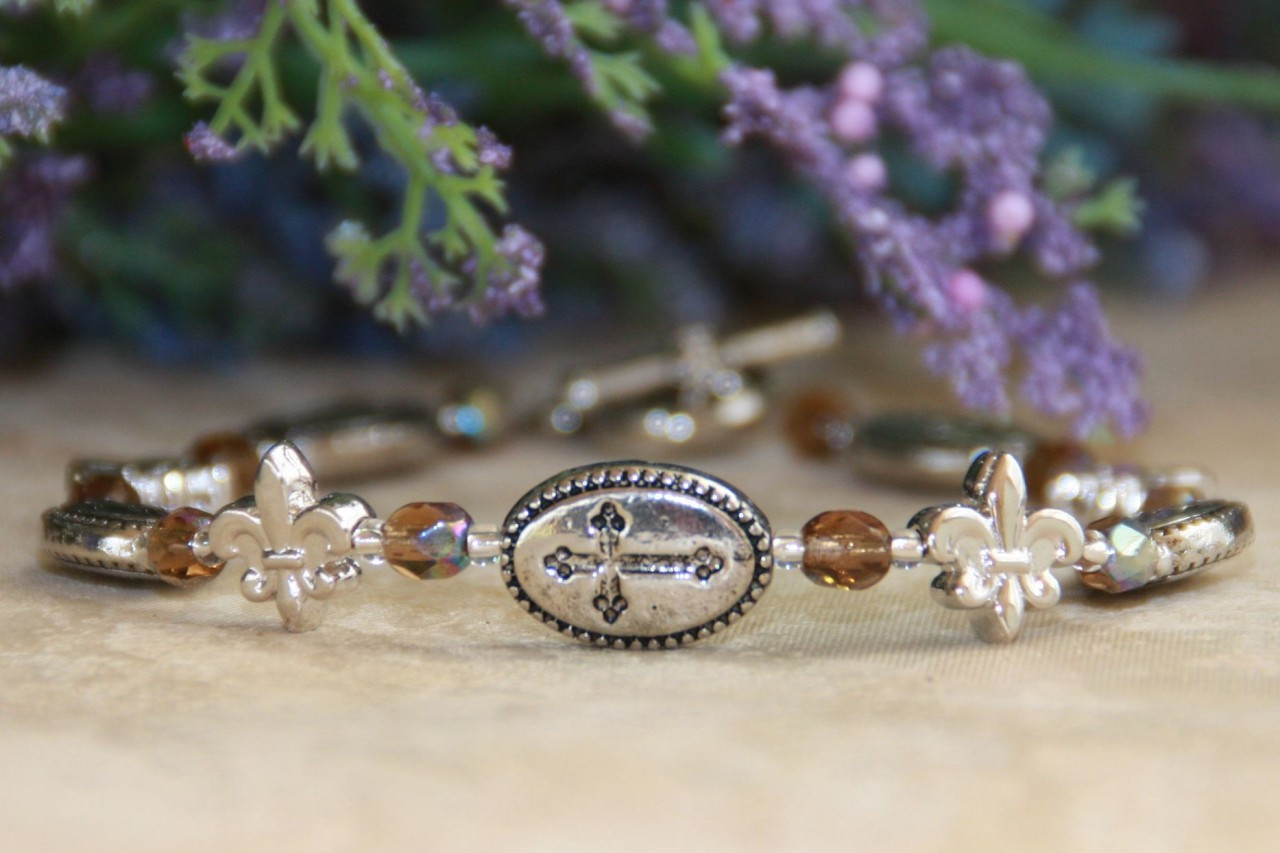 IN-212 Cross and Fleur de Lis Bracelet