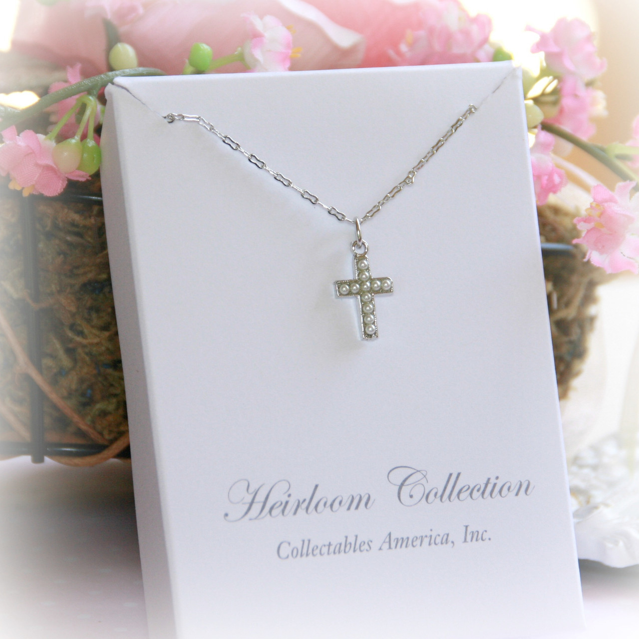 RH-18  Rhodium Seed Pearl Cross Necklace