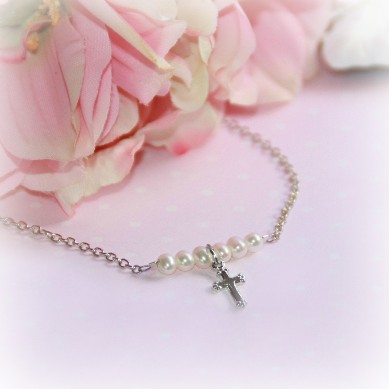 RH-16  Rhodium Cross with Freshwater Pearls Necklace