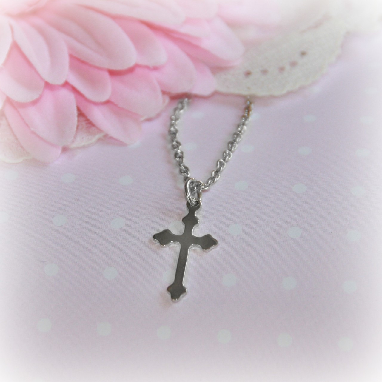 RH-38  Plain High polished Rhodium Cross Necklace