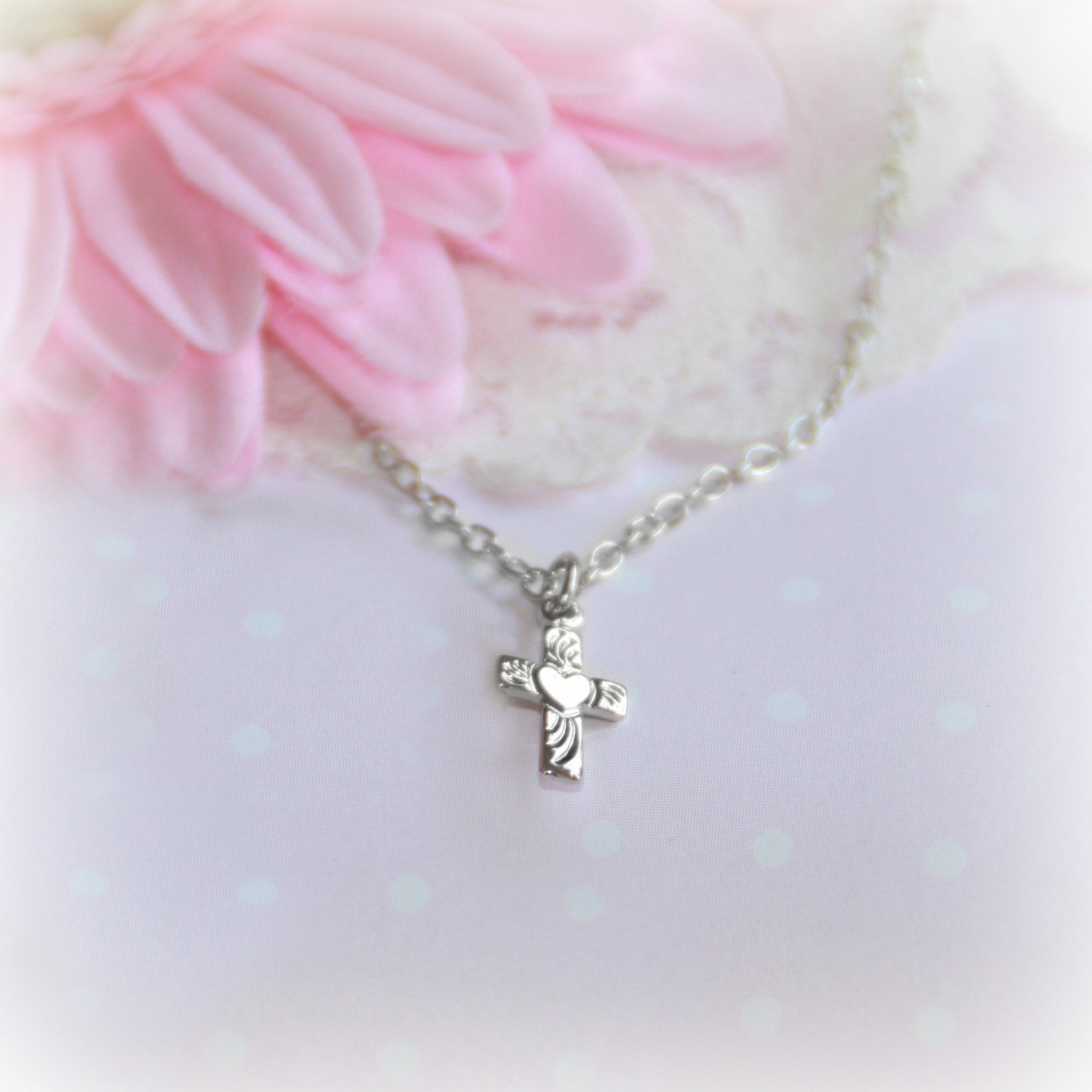 RH-35  Sweetheart Cross Rhodium Necklace