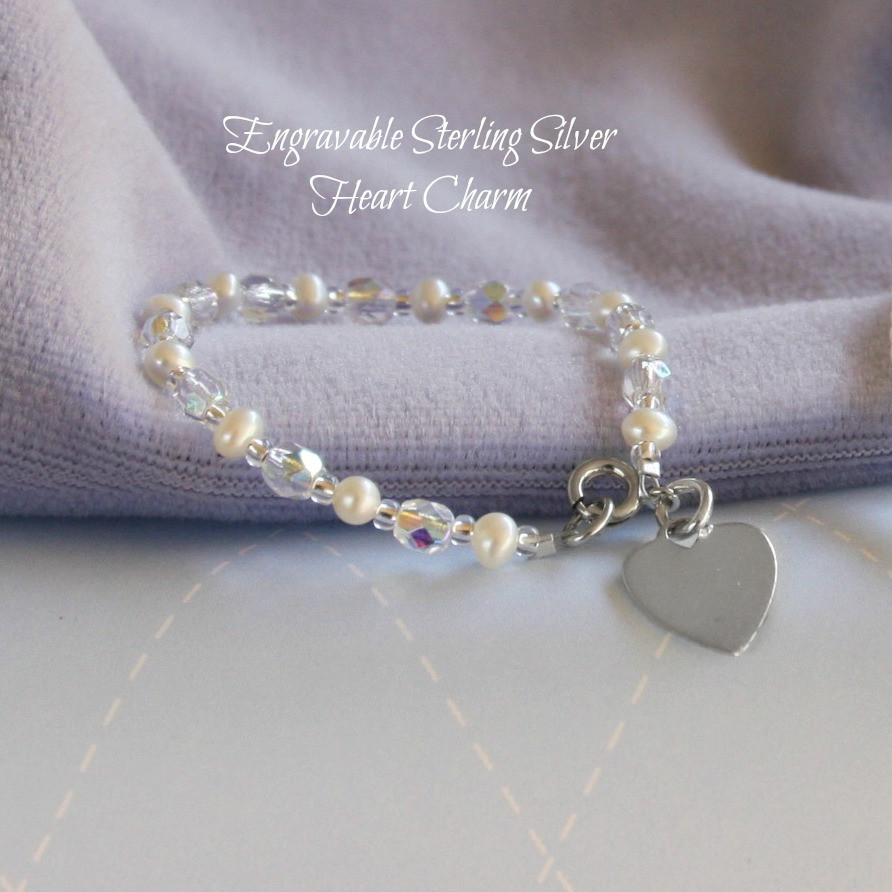 STG-250  Engraveable Sterling Silver Freshwater Pearl and Crystals Bracelet 5"