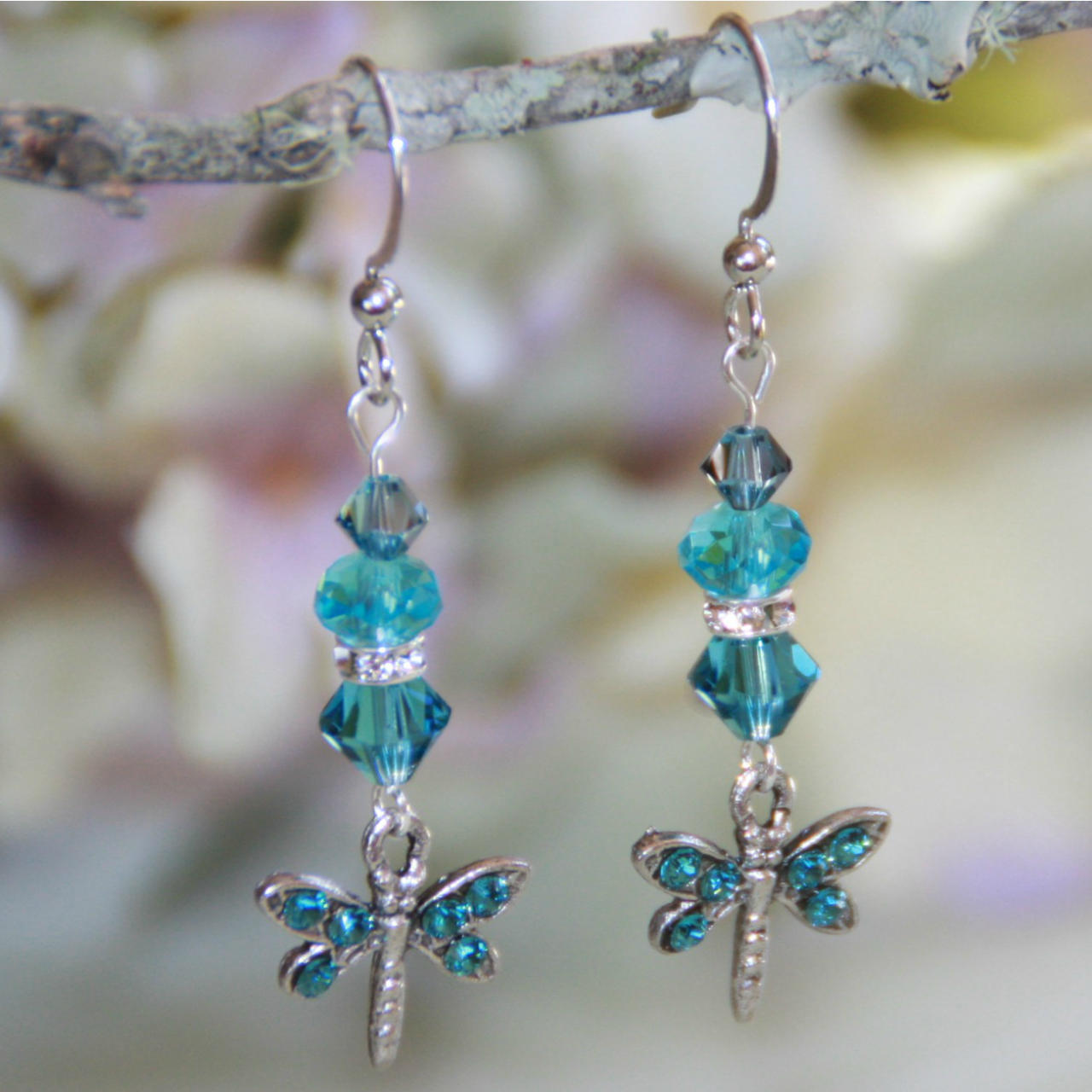 AER-23  Dragonfly Deep Aqua Swarovski Earrings