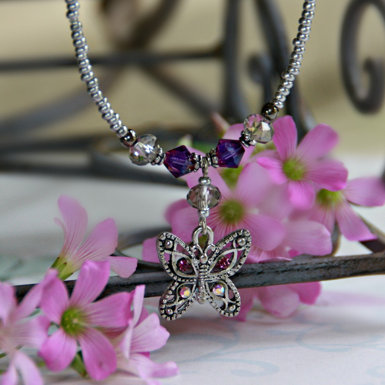 NCK-97 Butterfly Necklace with Lavender accents