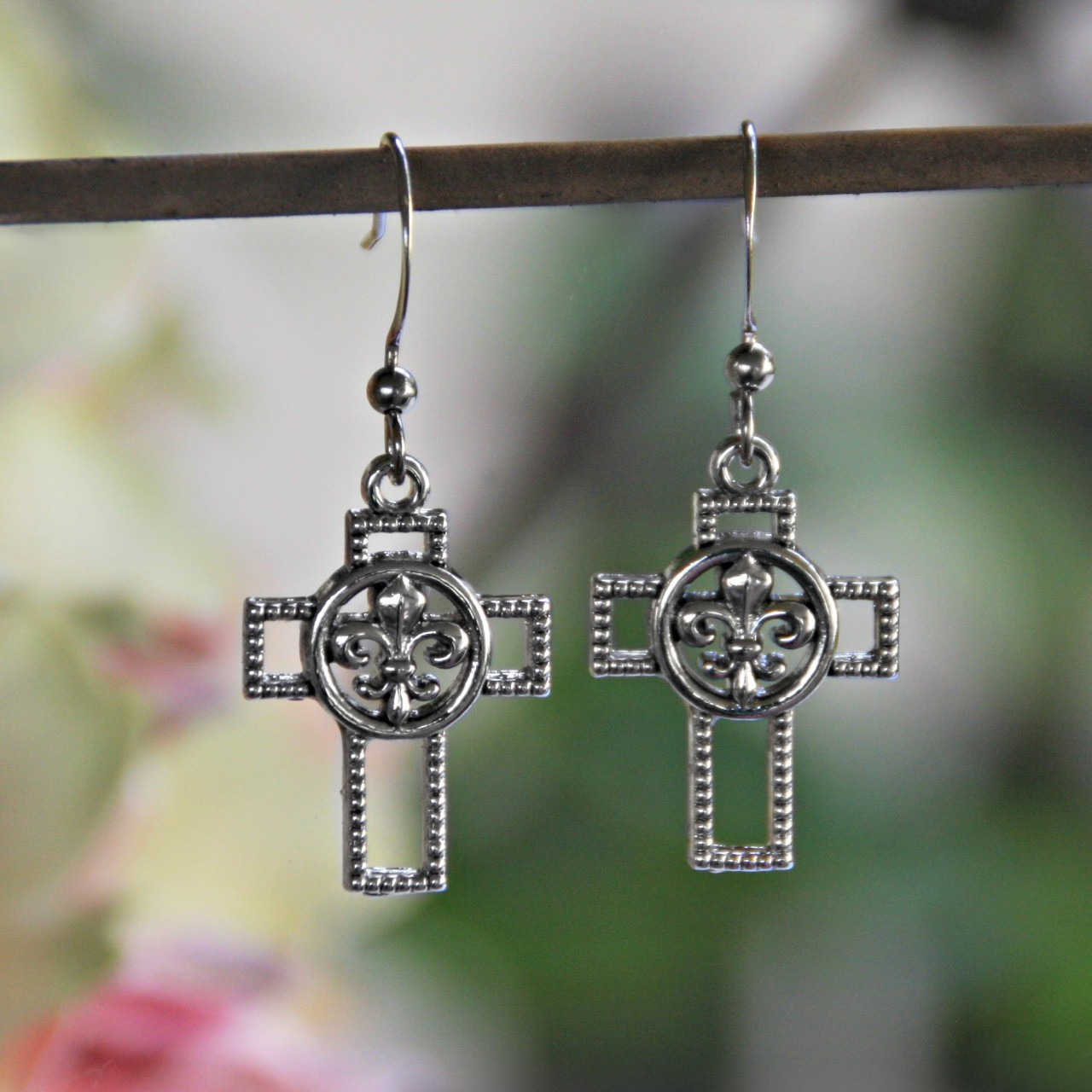 IN-30 Fleur De Lis Cross Earrings with Rhodium finish
