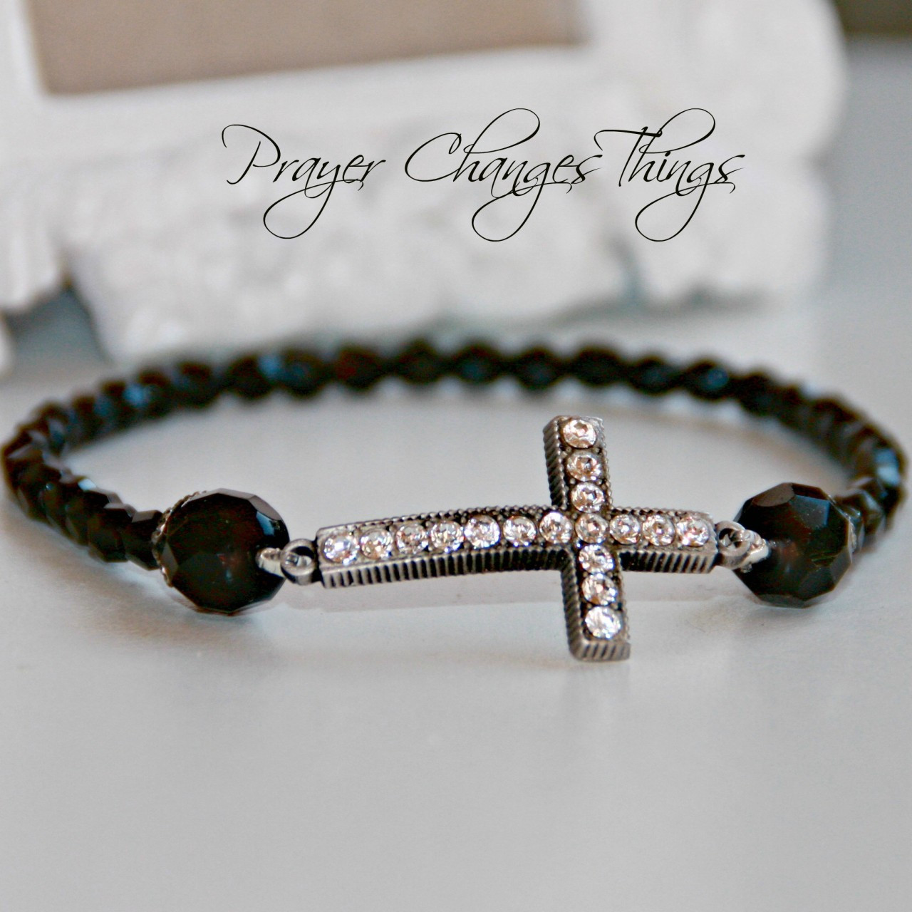 IN-105 Black and Crystal Jeweled Cross Bracelet