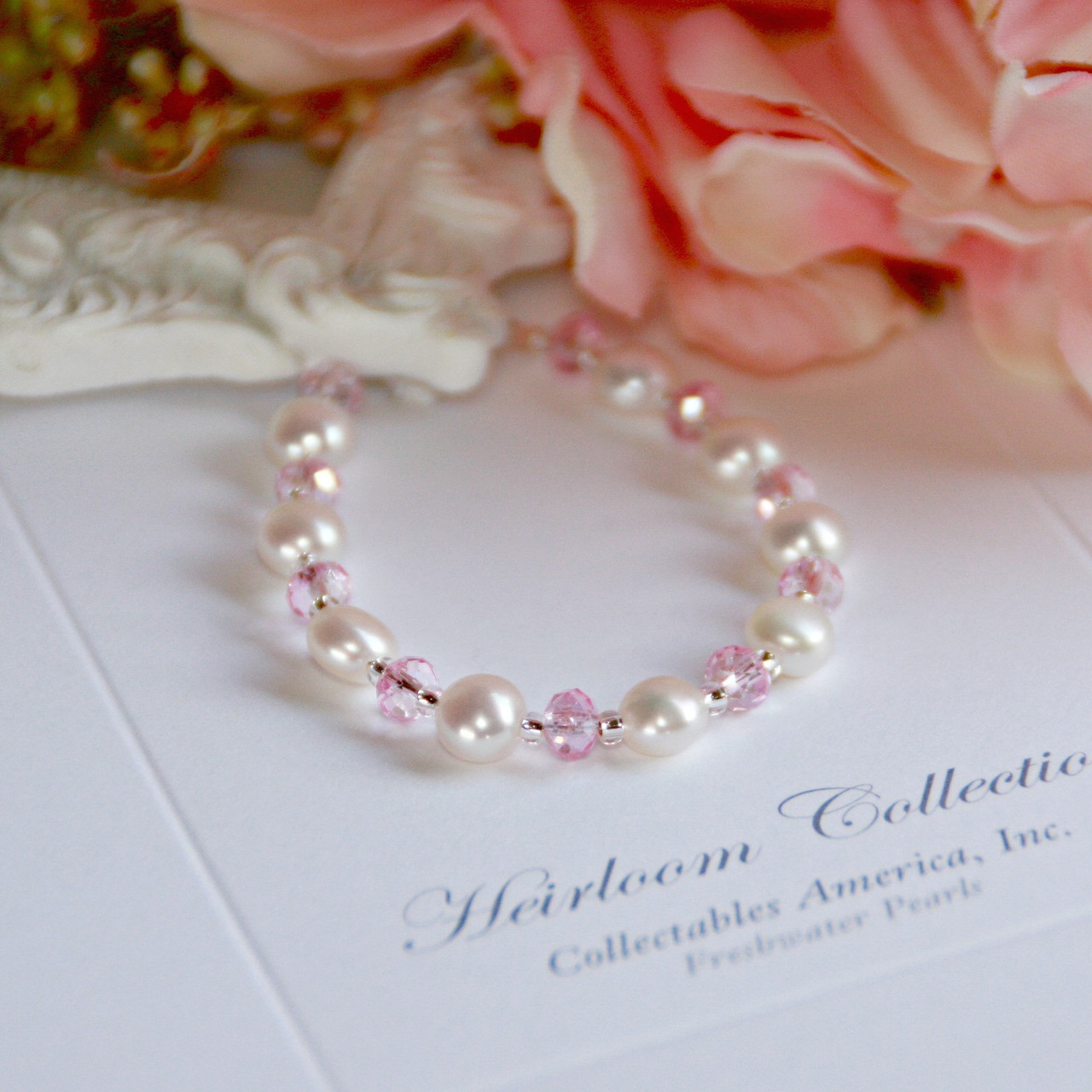 CJ-382-5 Freshwater Button Pearls & Pink Crystals 5" Bracelet