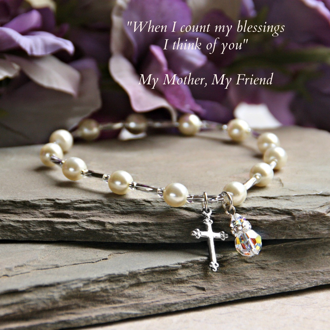 IN-134  Mother Bracelet with Cross and Crystal drop "stretchy" style!