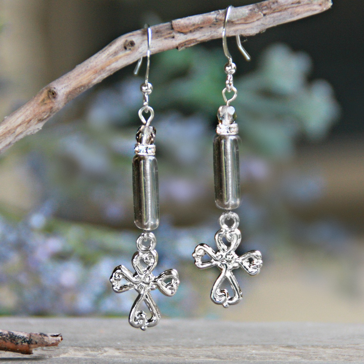 IN-46  Beautiful Platinum Crystals Drop Cross Earrings